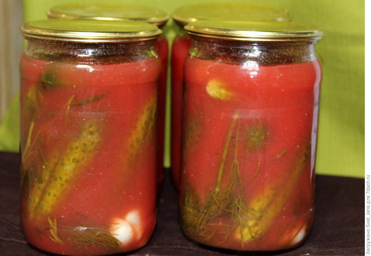 Огурцы, маринованные в томатном соусе на зиму - 10 пошаговых фото в рецепте